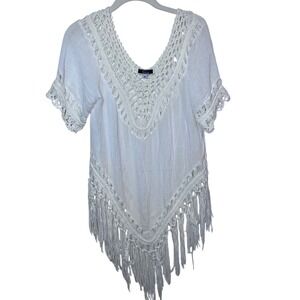 Vivid White Crochet Fringe Boho Blouse Cover Up Tunic Top Size M Hippie Flowy